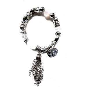 Silver Color Bracelet with Charms - Stretchable One Size Fits All Bracalet